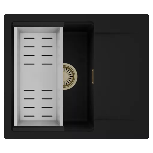 HD Onyx Black 58 egymedencés mosogatótálca szett, acél csepegtetőkosárral, csepegtetőtálcával, matt fekete színben, szálcsiszolt arany leeresztő szifonnal