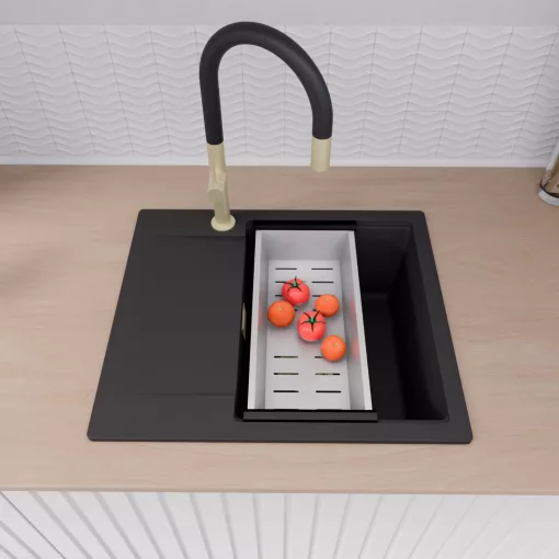 HD Onyx Black 58 egymedencés mosogatótálca szett, acél csepegtetőkosárral, csepegtetőtálcával, matt fekete színben, szálcsiszolt arany leeresztő szifonnal