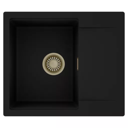 HD Onyx Black 58 egymedencés mosogatótálca, csepegtetőtálcával, matt fekete színben, szálcsiszolt arany leeresztő szifonnal