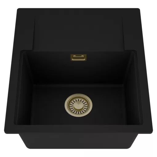 HD Onyx Black 58 egymedencés mosogatótálca, csepegtetőtálcával, matt fekete színben, szálcsiszolt arany leeresztő szifonnal