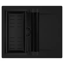 HD Onyx Black 58 egymedencés mosogatótálca szett, matt fekete csepegtetőráccsal és kosárral, csepegtetőtálcával, matt fekete színben, matt fekete leeresztő szifonnal