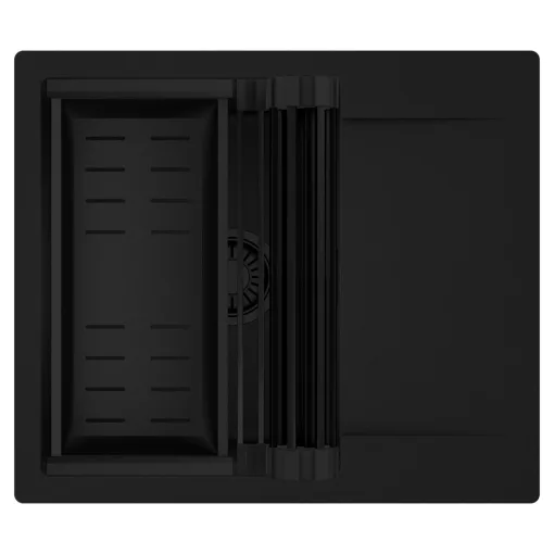 HD Onyx Black 58 egymedencés mosogatótálca szett, matt fekete csepegtetőráccsal és kosárral, csepegtetőtálcával, matt fekete színben, matt fekete leeresztő szifonnal