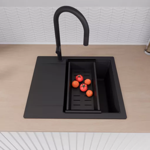 HD Onyx Black 58 egymedencés mosogatótálca szett, matt fekete csepegtetőráccsal és kosárral, csepegtetőtálcával, matt fekete színben, matt fekete leeresztő szifonnal