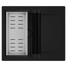 HD Onyx Black 58 egymedencés mosogatótálca szett, matt fekete csepegtetőráccsal és krómozott kosárral, csepegtetőtálcával, matt fekete színben, matt fekete leeresztő szifonnal