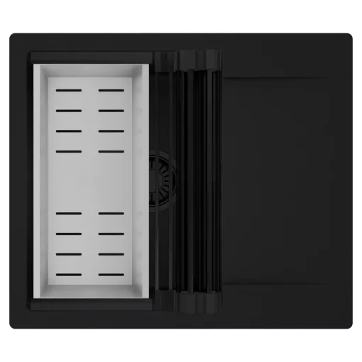 HD Onyx Black 58 egymedencés mosogatótálca szett, matt fekete csepegtetőráccsal és krómozott kosárral, csepegtetőtálcával, matt fekete színben, matt fekete leeresztő szifonnal