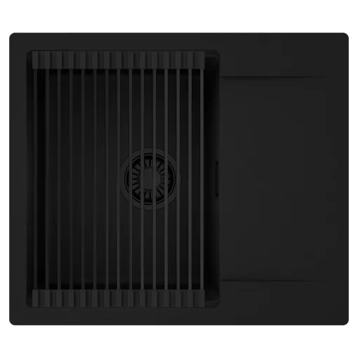 HD Onyx Black 58 egymedencés mosogatótálca szett, matt fekete csepegtetőráccsal, csepegtetőtálcával, matt fekete színben, matt fekete leeresztő szifonnal