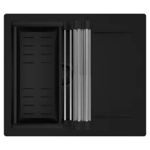 HD Onyx Black 58 egymedencés mosogatótálca szett, acél csepegtetőráccsal és matt fekete kosárral, csepegtetőtálcával, matt fekete színben, matt fekete leeresztő szifonnal