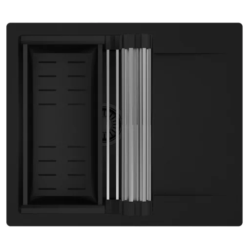 HD Onyx Black 58 egymedencés mosogatótálca szett, acél csepegtetőráccsal és matt fekete kosárral, csepegtetőtálcával, matt fekete színben, matt fekete leeresztő szifonnal