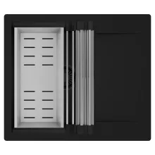 HD Onyx Black 58 egymedencés mosogatótálca szett, acél csepegtetőráccsal és kosárral, csepegtetőtálcával, matt fekete színben, matt fekete leeresztő szifonnal