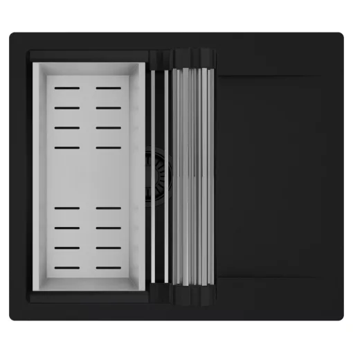 HD Onyx Black 58 egymedencés mosogatótálca szett, acél csepegtetőráccsal és kosárral, csepegtetőtálcával, matt fekete színben, matt fekete leeresztő szifonnal