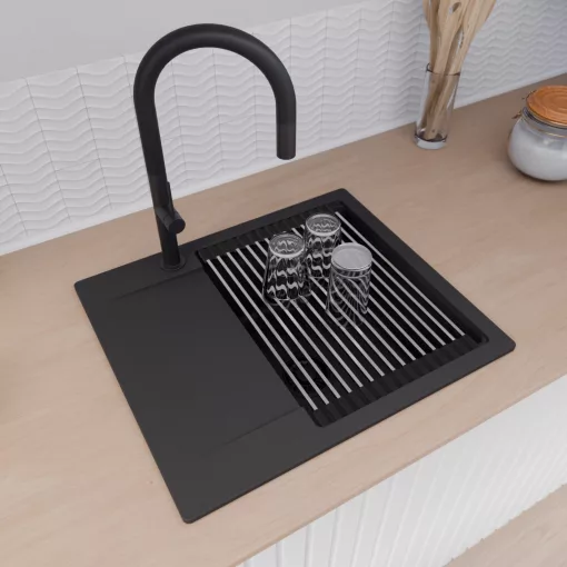 HD Onyx Black 58 egymedencés mosogatótálca szett, acél csepegtetőráccsal és kosárral, csepegtetőtálcával, matt fekete színben, matt fekete leeresztő szifonnal