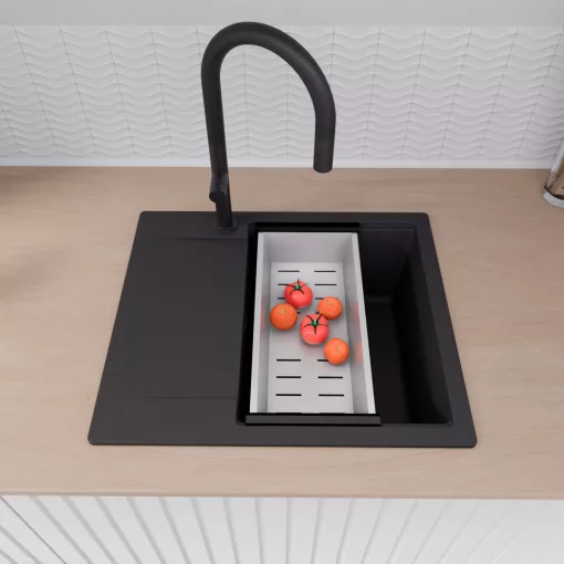 HD Onyx Black 58 egymedencés mosogatótálca szett, acél csepegtetőráccsal és kosárral, csepegtetőtálcával, matt fekete színben, matt fekete leeresztő szifonnal