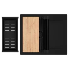 HD Onyx Black 58 egymedencés gránit mosogatótálca szett, csepegtetőtálcával, vágódeszkával, matt fekete csepegtetőráccsal és kosárral, matt fekete színben, matt fekete leeresztő szifonnal