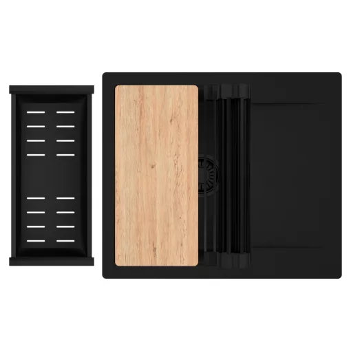 HD Onyx Black 58 egymedencés gránit mosogatótálca szett, csepegtetőtálcával, vágódeszkával, matt fekete csepegtetőráccsal és kosárral, matt fekete színben, matt fekete leeresztő szifonnal