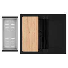 HD Onyx Black 58 egymedencés gránit mosogatótálca szett, csepegtetőtálcával, vágódeszkával, matt fekete csepegtetőráccsal és krómozott kosárral, matt fekete színben, matt fekete leeresztő szifonnal