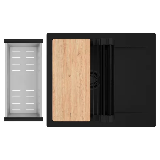 HD Onyx Black 58 egymedencés gránit mosogatótálca szett, csepegtetőtálcával, vágódeszkával, matt fekete csepegtetőráccsal és krómozott kosárral, matt fekete színben, matt fekete leeresztő szifonnal