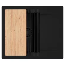 HD Onyx Black 58 egymedencés gránit mosogatótálca szett, csepegtetőtálcával, vágódeszkával, matt fekete csepegtetőráccsal, matt fekete színben, matt fekete leeresztő szifonnal