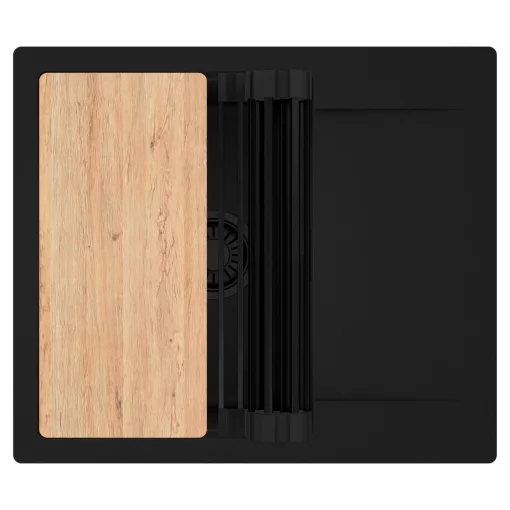 HD Onyx Black 58 egymedencés gránit mosogatótálca szett, csepegtetőtálcával, vágódeszkával, matt fekete csepegtetőráccsal, matt fekete színben, matt fekete leeresztő szifonnal