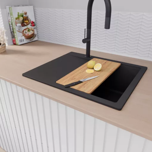 HD Onyx Black 58 egymedencés gránit mosogatótálca szett, csepegtetőtálcával, vágódeszkával, matt fekete csepegtetőráccsal, matt fekete színben, matt fekete leeresztő szifonnal