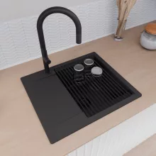 HD Onyx Black 58 egymedencés gránit mosogatótálca szett, csepegtetőtálcával, vágódeszkával, matt fekete csepegtetőráccsal, matt fekete színben, matt fekete leeresztő szifonnal