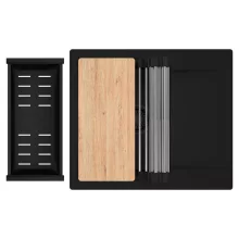 HD Onyx Black 58 egymedencés gránit mosogatótálca szett, csepegtetőtálcával, vágódeszkával, acél csepegtetőráccsal és matt fekete kosárral, matt fekete színben, matt fekete leeresztő szifonnal