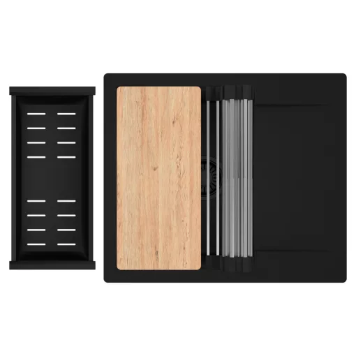 HD Onyx Black 58 egymedencés gránit mosogatótálca szett, csepegtetőtálcával, vágódeszkával, acél csepegtetőráccsal és matt fekete kosárral, matt fekete színben, matt fekete leeresztő szifonnal