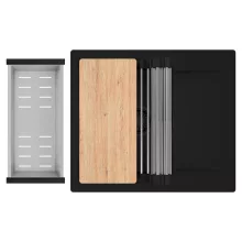 HD Onyx Black 58 egymedencés gránit mosogatótálca szett, csepegtetőtálcával, vágódeszkával, acél csepegtetőráccsal és kosárral, matt fekete színben, matt fekete leeresztő szifonnal