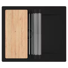 HD Onyx Black 58 egymedencés gránit mosogatótálca szett, csepegtetőtálcával, vágódeszkával, acél csepegtetőráccsal, matt fekete színben, matt fekete leeresztő szifonnal