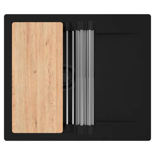 HD Onyx Black 58 egymedencés gránit mosogatótálca szett, csepegtetőtálcával, vágódeszkával, acél csepegtetőráccsal, matt fekete színben, matt fekete leeresztő szifonnal