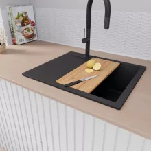 HD Onyx Black 58 egymedencés gránit mosogatótálca szett, csepegtetőtálcával, vágódeszkával, acél csepegtetőráccsal, matt fekete színben, matt fekete leeresztő szifonnal