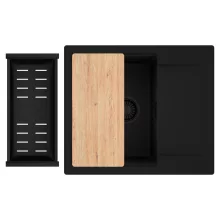 HD Onyx Black 58 egymedencés gránit mosogatótálca szett, csepegtetőtálcával, vágódeszkával, matt fekete csepegtetőkosárral, matt fekete színben, matt fekete leeresztő szifonnal