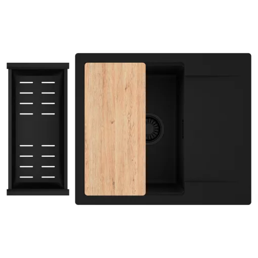 HD Onyx Black 58 egymedencés gránit mosogatótálca szett, csepegtetőtálcával, vágódeszkával, matt fekete csepegtetőkosárral, matt fekete színben, matt fekete leeresztő szifonnal