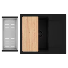 HD Onyx Black 58 egymedencés gránit mosogatótálca szett, csepegtetőtálcával, vágódeszkával, acél csepegtetőkosárral, matt fekete színben, matt fekete leeresztő szifonnal