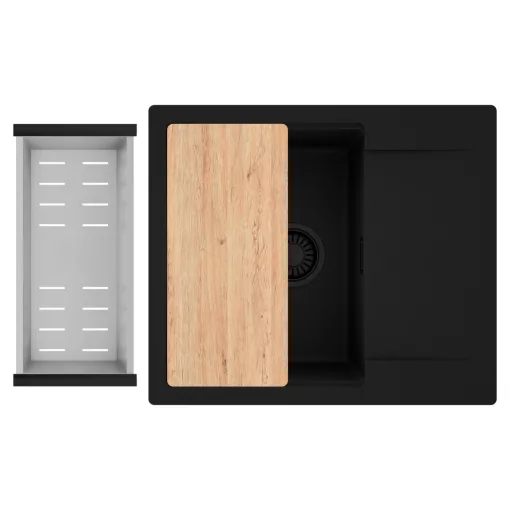 HD Onyx Black 58 egymedencés gránit mosogatótálca szett, csepegtetőtálcával, vágódeszkával, acél csepegtetőkosárral, matt fekete színben, matt fekete leeresztő szifonnal