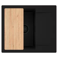 HD Onyx Black 58 egymedencés gránit mosogatótálca, vágódeszkával, matt fekete színben, matt fekete leeresztő szifonnal