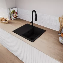 HD Onyx Black 58 egymedencés gránit mosogatótálca, vágódeszkával, matt fekete színben, matt fekete leeresztő szifonnal