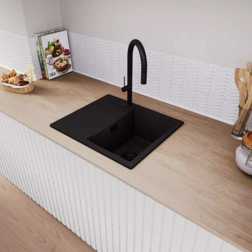 HD Onyx Black 58 egymedencés gránit mosogatótálca, vágódeszkával, matt fekete színben, matt fekete leeresztő szifonnal