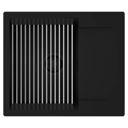 HD Onyx Black 58 egymedencés mosogatótálca szett, acél csepegtetőráccsal, csepegtetőtálcával, matt fekete színben, matt fekete leeresztő szifonnal