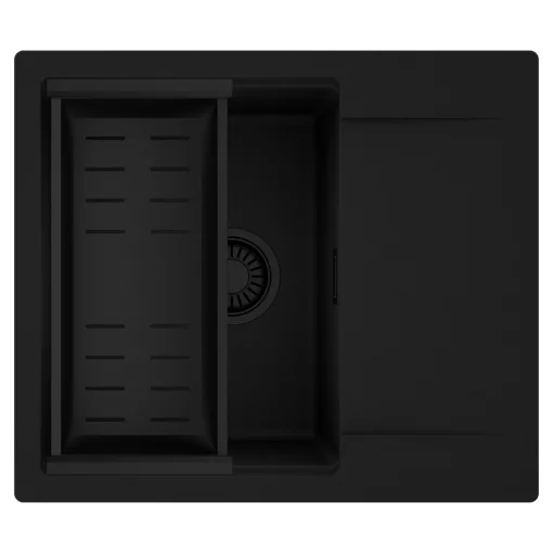 HD Onyx Black 58 egymedencés mosogatótálca szett, matt fekete csepegtetőkosárral, csepegtetőtálcával, matt fekete színben, matt fekete leeresztő szifonnal