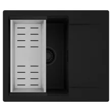 HD Onyx Black 58 egymedencés mosogatótálca szett, acél csepegtetőkosárral, csepegtetőtálcával, matt fekete színben, matt fekete leeresztő szifonnal