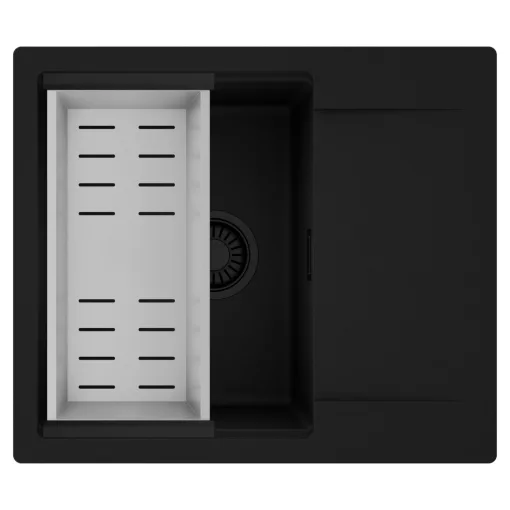 HD Onyx Black 58 egymedencés mosogatótálca szett, acél csepegtetőkosárral, csepegtetőtálcával, matt fekete színben, matt fekete leeresztő szifonnal