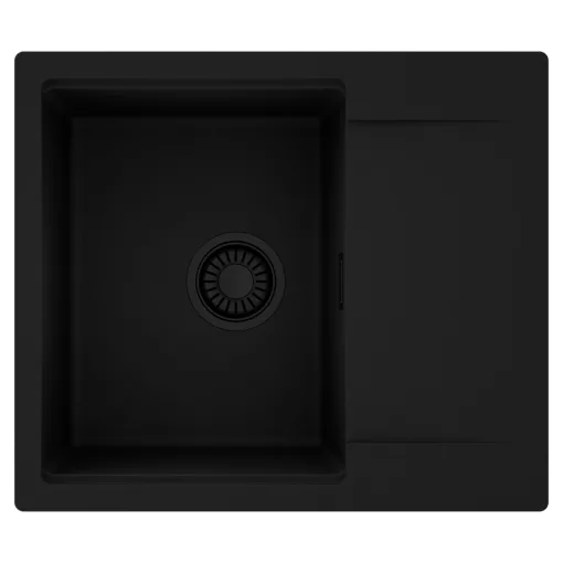 HD Onyx Black 58 egymedencés mosogatótálca, csepegtetőtálcával, matt fekete színben, matt fekete leeresztő szifonnal