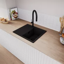 HD Onyx Black 58 egymedencés mosogatótálca, csepegtetőtálcával, matt fekete színben, matt fekete leeresztő szifonnal