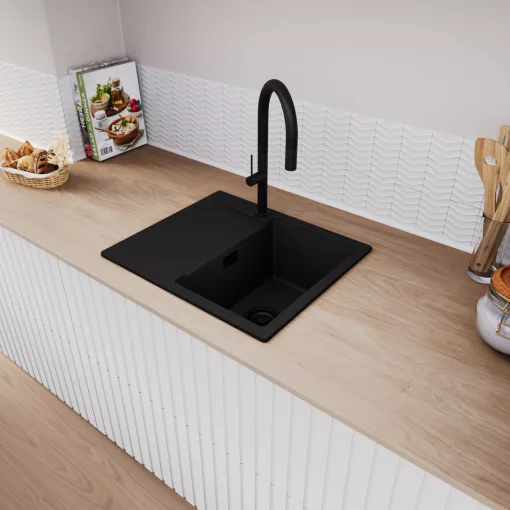 HD Onyx Black 58 egymedencés mosogatótálca, csepegtetőtálcával, matt fekete színben, matt fekete leeresztő szifonnal