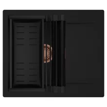 HD Onyx Black 58 egymedencés mosogatótálca szett, matt fekete csepegtetőráccsal és kosárral, csepegtetőtálcával, matt fekete színben, szálcsiszolt réz leeresztő szifonnal