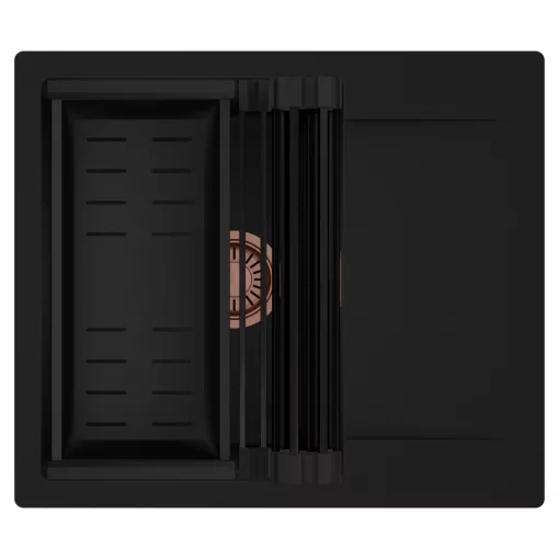 HD Onyx Black 58 egymedencés mosogatótálca szett, matt fekete csepegtetőráccsal és kosárral, csepegtetőtálcával, matt fekete színben, szálcsiszolt réz leeresztő szifonnal