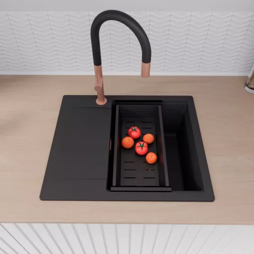 HD Onyx Black 58 egymedencés mosogatótálca szett, matt fekete csepegtetőráccsal és kosárral, csepegtetőtálcával, matt fekete színben, szálcsiszolt réz leeresztő szifonnal