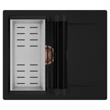 HD Onyx Black 58 egymedencés mosogatótálca szett, matt fekete csepegtetőráccsal és krómozott kosárral, csepegtetőtálcával, matt fekete színben, szálcsiszolt réz leeresztő szifonnal