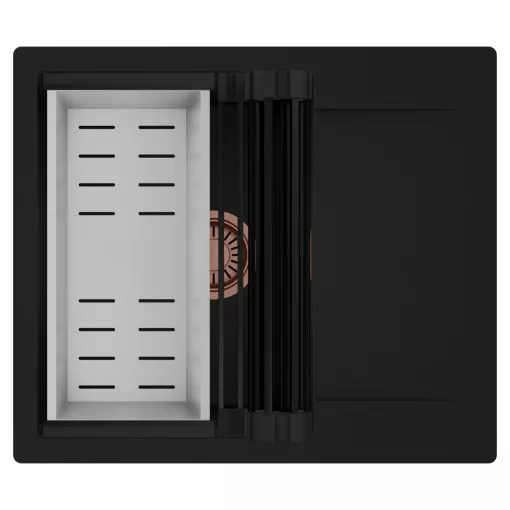 HD Onyx Black 58 egymedencés mosogatótálca szett, matt fekete csepegtetőráccsal és krómozott kosárral, csepegtetőtálcával, matt fekete színben, szálcsiszolt réz leeresztő szifonnal