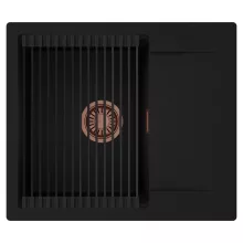 HD Onyx Black 58 egymedencés mosogatótálca szett, matt fekete csepegtetőráccsal, csepegtetőtálcával, matt fekete színben, szálcsiszolt réz leeresztő szifonnal